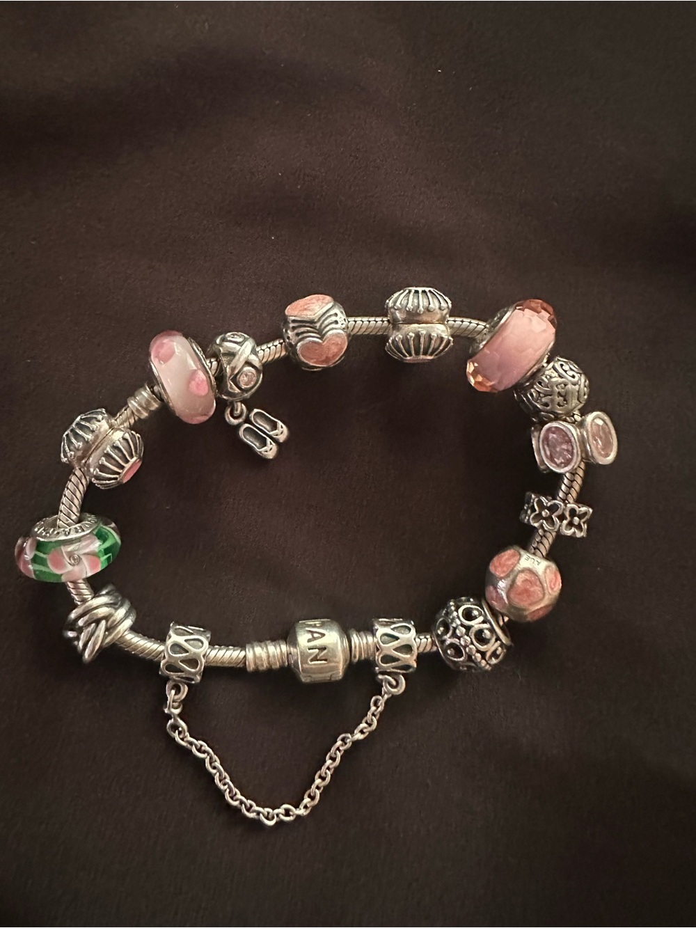 Pandora Silver Charm Bracelet with Pink and Green Accents